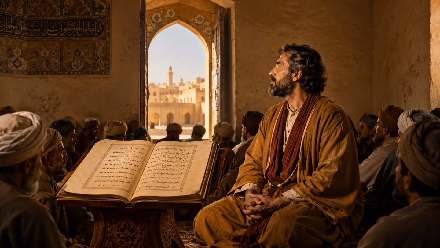 Persian admonitions fill the open book on a carved wooden lectern, shoulders and folded hands of seated listeners crowding the dim plaster hall around it; at the edge the poet, 45, trimmed greying beard, ochre robe, r…