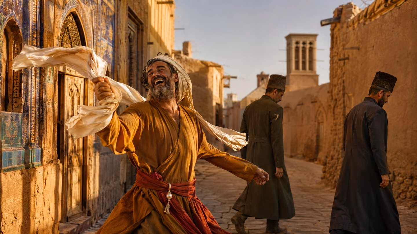 Laughing openly, the poet takes a dancing step in a sun-cut ochre Yazd lane, his turban-cloth unwound and trailing bright from one hand: 45, dark eyes, trimmed greying beard, undyed ochre robe, rust-red sash with its…