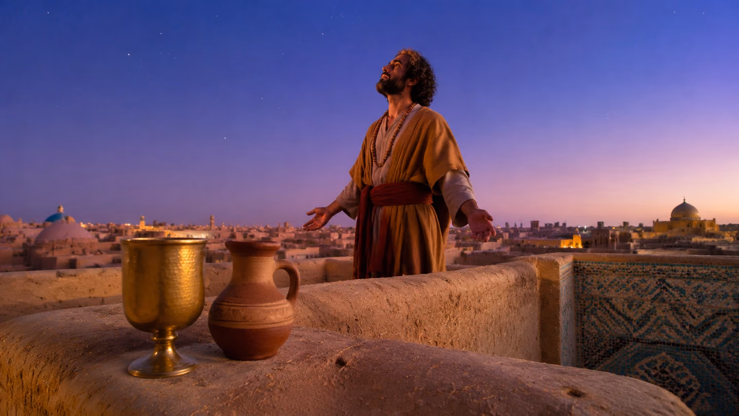 Empty at last, a hammered brass goblet and a small clay pitcher stand forgotten with dew on their rims along a Yazd rooftop parapet of straw-flecked plaster; beyond them the poet stands with loose arms and his face li…