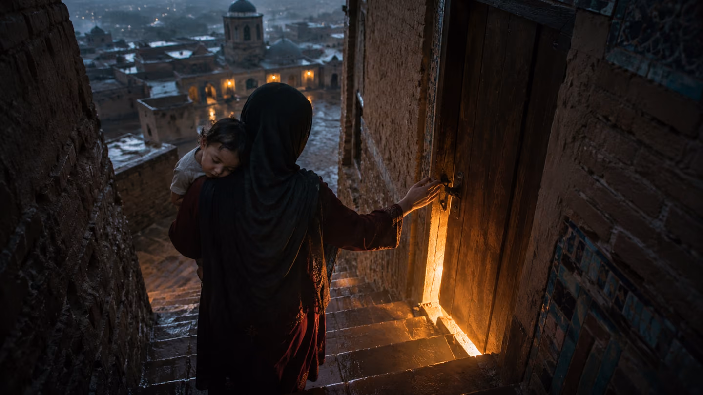 Warm light spills from beneath that same closed cedar door at the foot of a narrow brick stairwell, running out across the wet steps; the young woman's hand has just settled on the iron latch.