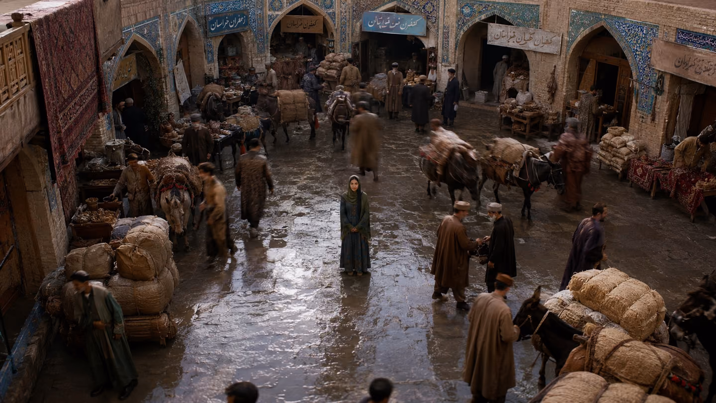 Bright rain-cleared midday on the wet flagstones of a Nishapur caravanserai courtyard, viewed from the rooftop above: bales, laden mules, sellers, Persian shop signs, everything in motion.