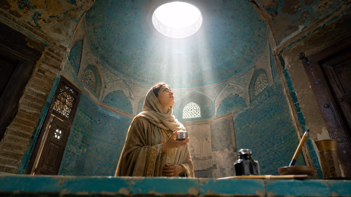 Silver-grey sky clearing to a sudden burst of brightness through the oculus of a small tiled dome, seen from directly below; the young woman stands beneath the falling light with the silver purse closed in her palm.