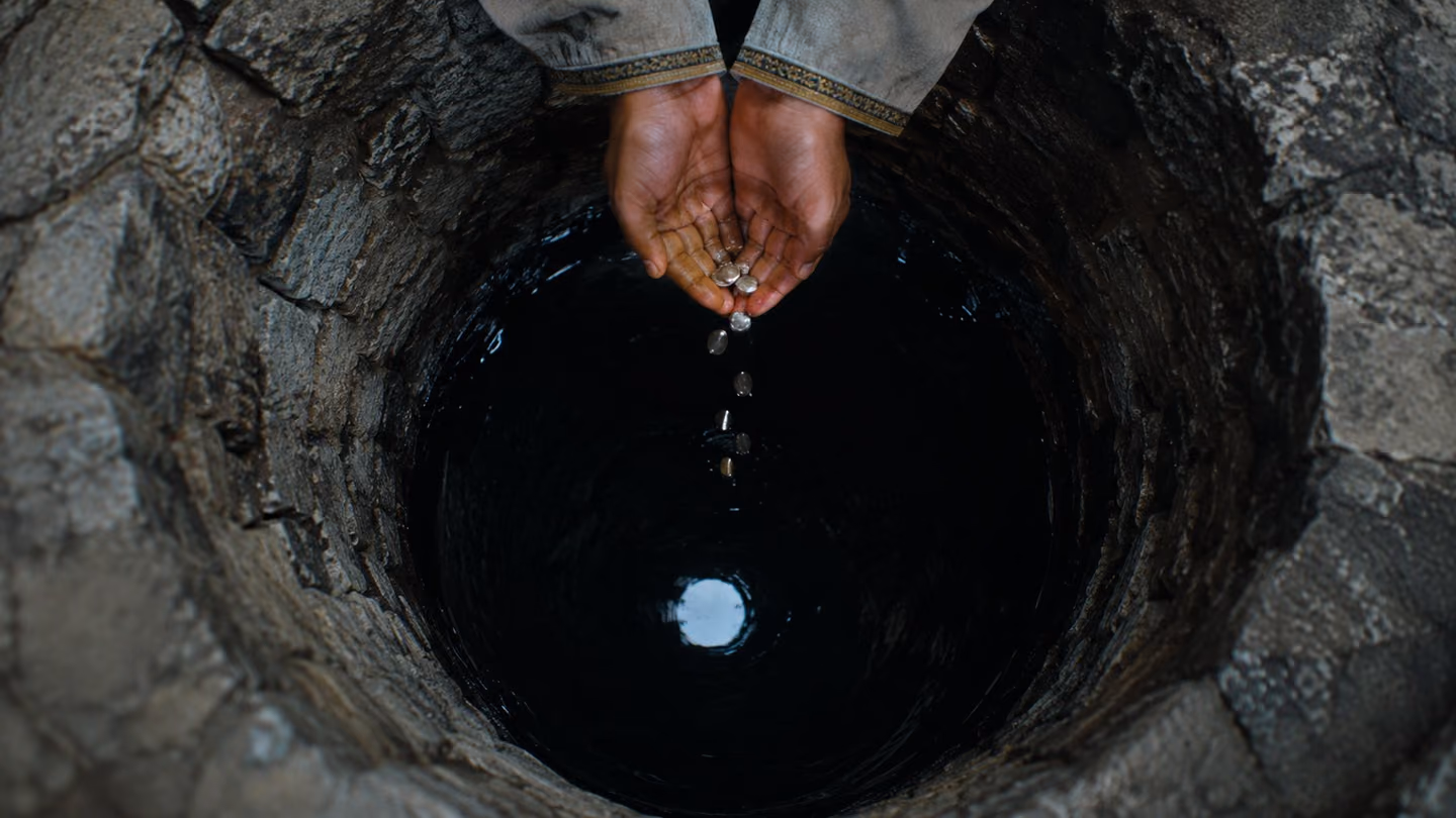 Her hands open over the mouth of an old stone well and the silver falls, turning as it goes down into the black water, where far below a single bright disc of sky lies reflected and unmoved.