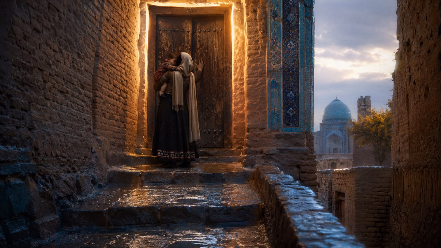 Light widens around all four edges of the cedar door at the top of the wet mudbrick stair, seen from the steps below; the young woman's palm rests flat against the wood and she does not knock, her mouth closed, her ch…