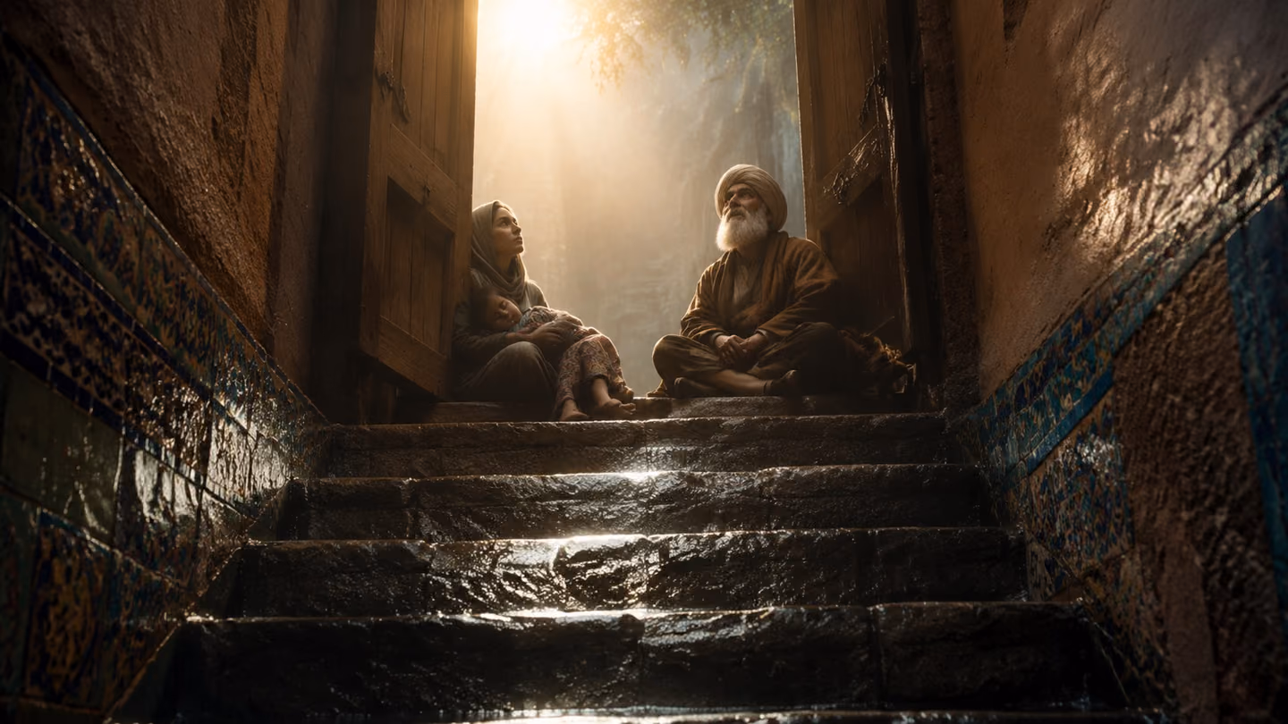 The cedar door stands open at the top of the wet stair, pure radiance pouring through it and down the steps; on its threshold a young Khorasani woman and an old Nishapuri poet in plain brown wool sit together in silen…