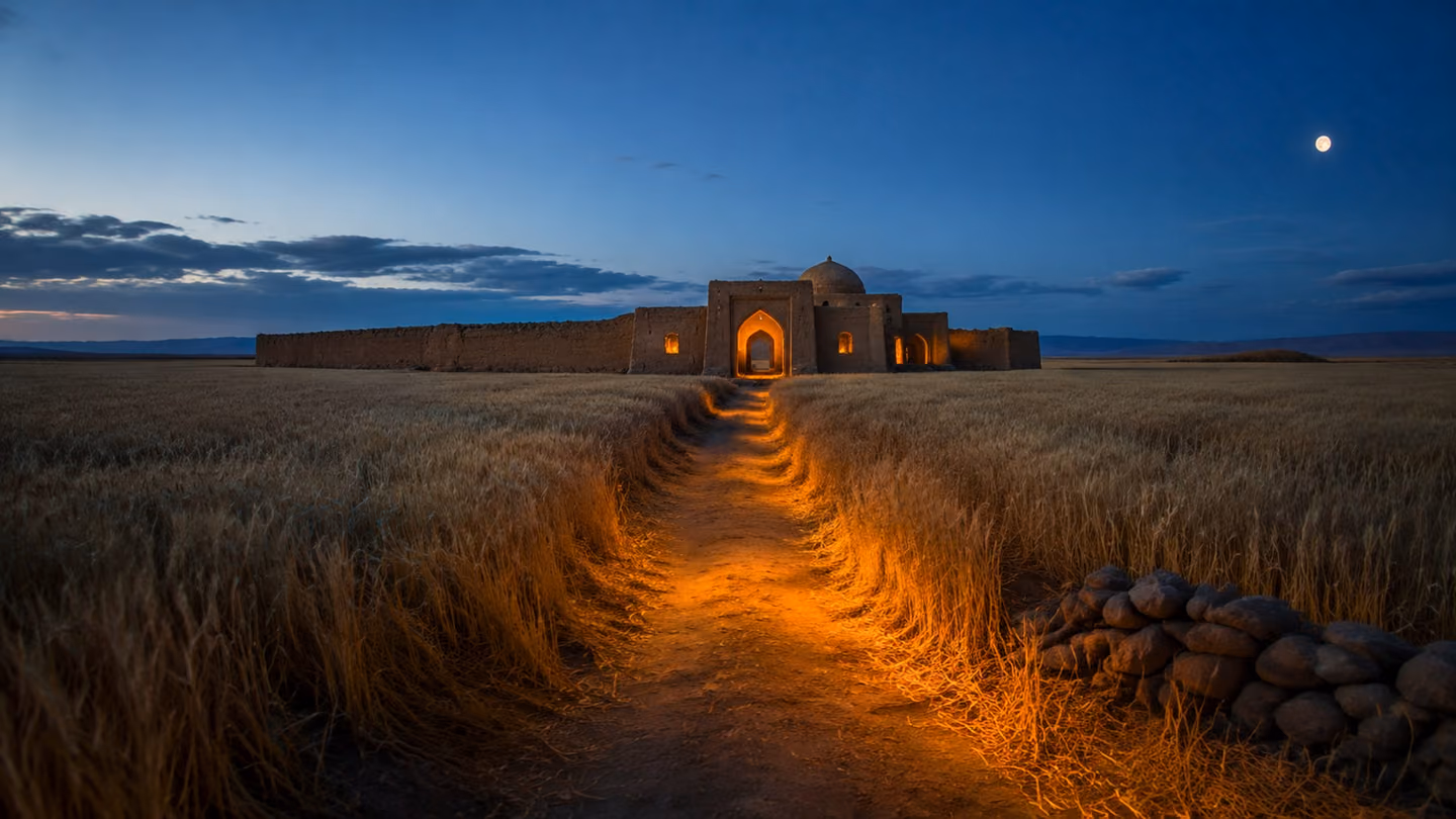 Torchlight throws a long warm path across a vast blue-hour plain of Khorasan wheat toward a low mud-brick caravanserai, every stalk and wall lit from a source nowhere in frame.