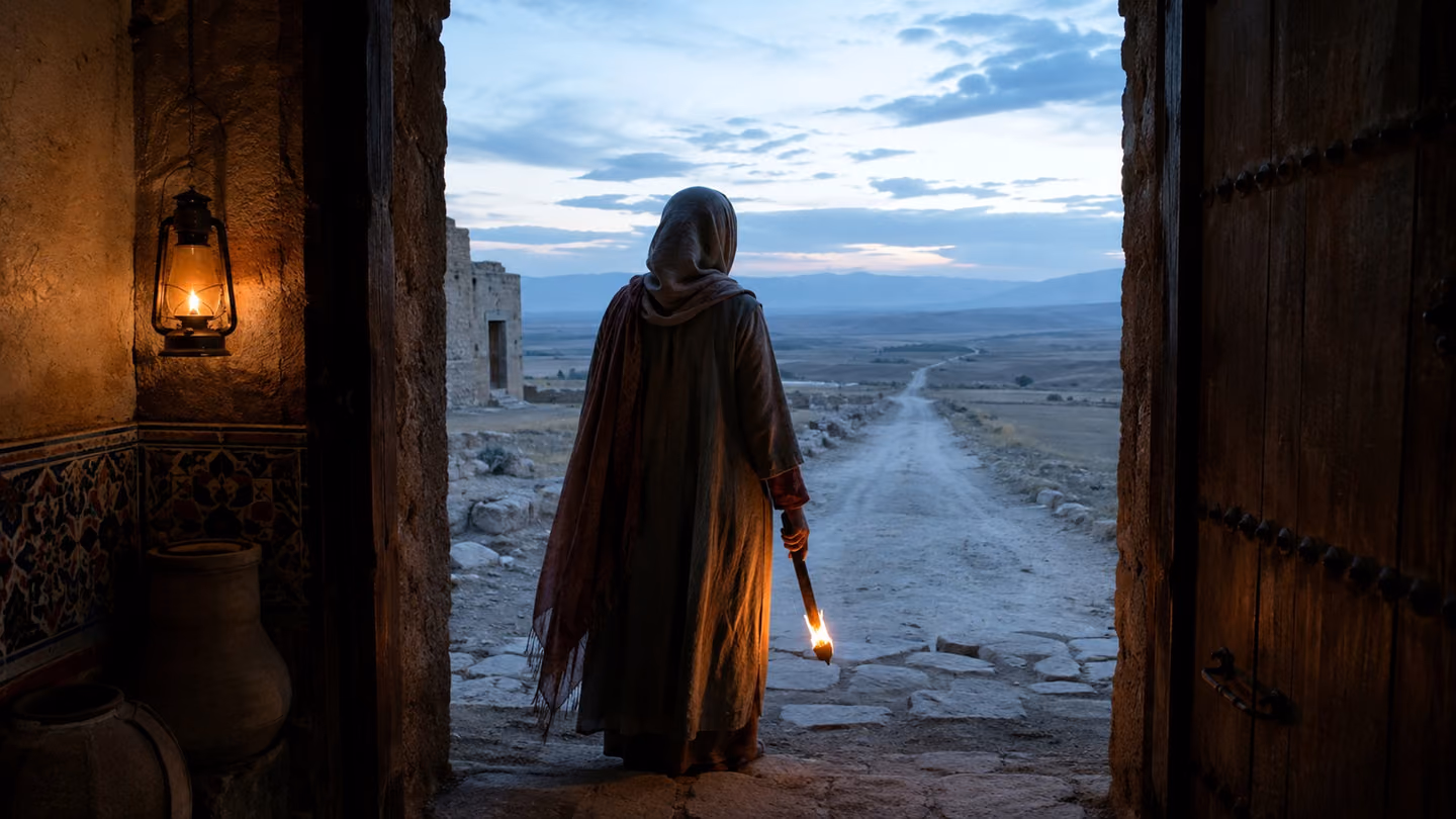 Framed through the open doorway of a roadside caravanserai, the same woman halts on the threshold, her torch lowered and guttering — beyond her the Khorasan road is filled edge to edge with cold first light so bright…