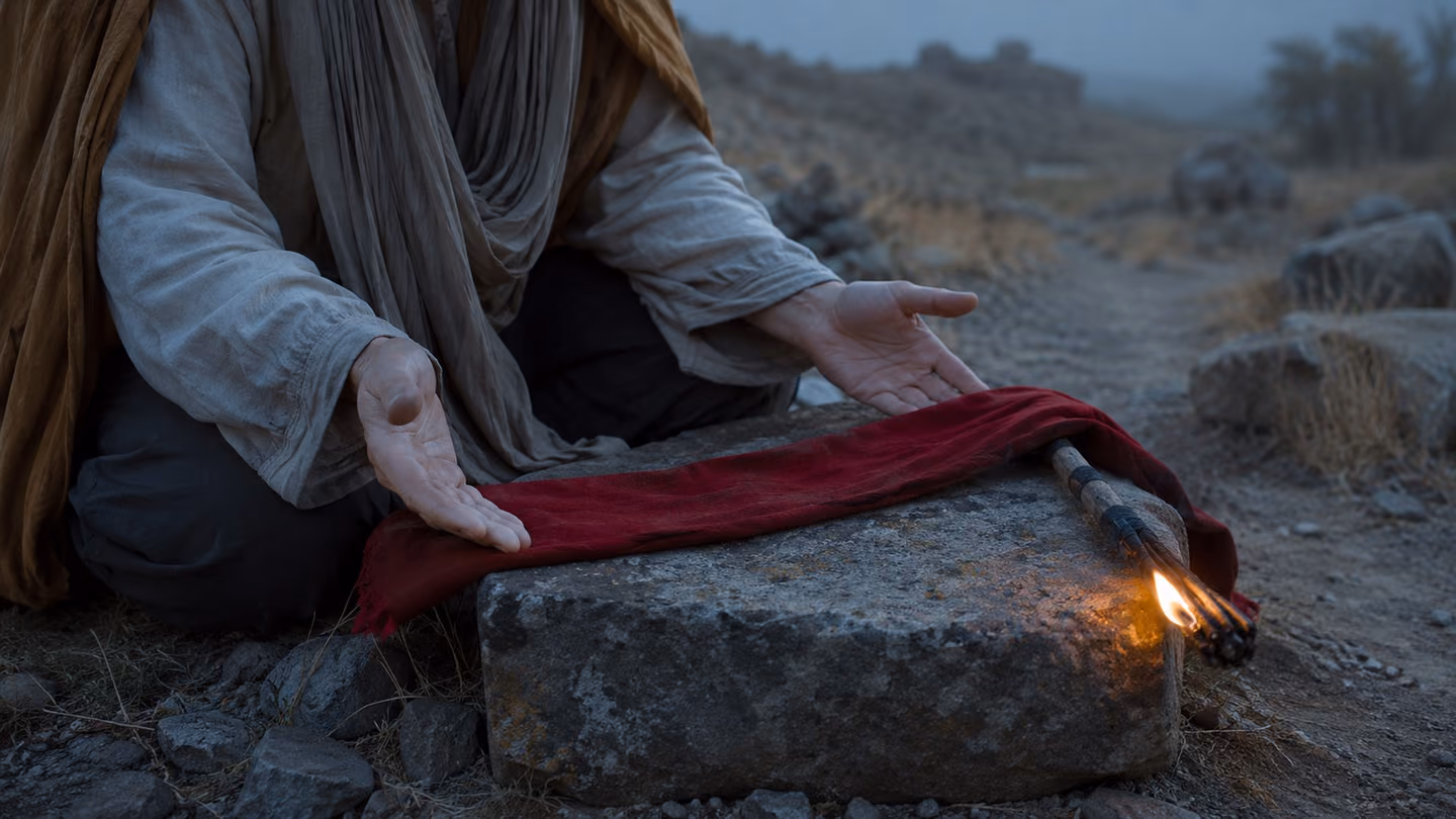 Her two hands lay a madder-red sash across a flat roadside stone, unhurried, palms open afterward — the short reed-handled torch set down beside it, still burning low.
