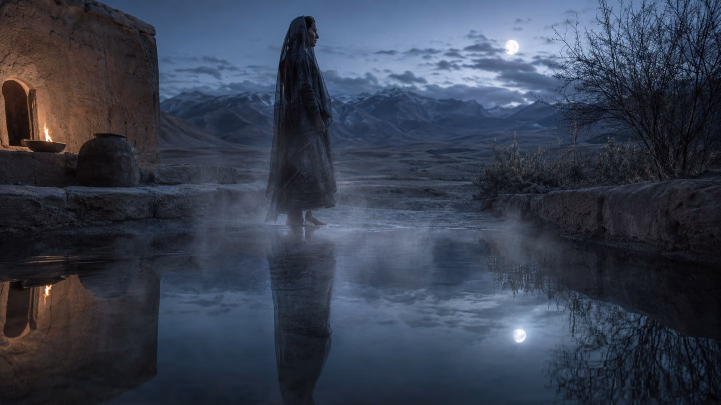 Silver moonlight over a still qanat pool; the woman waits ankle-deep at its edge, her own figure half-dissolved in the mist rising off the water while her reflection below is sharp, whole and present.