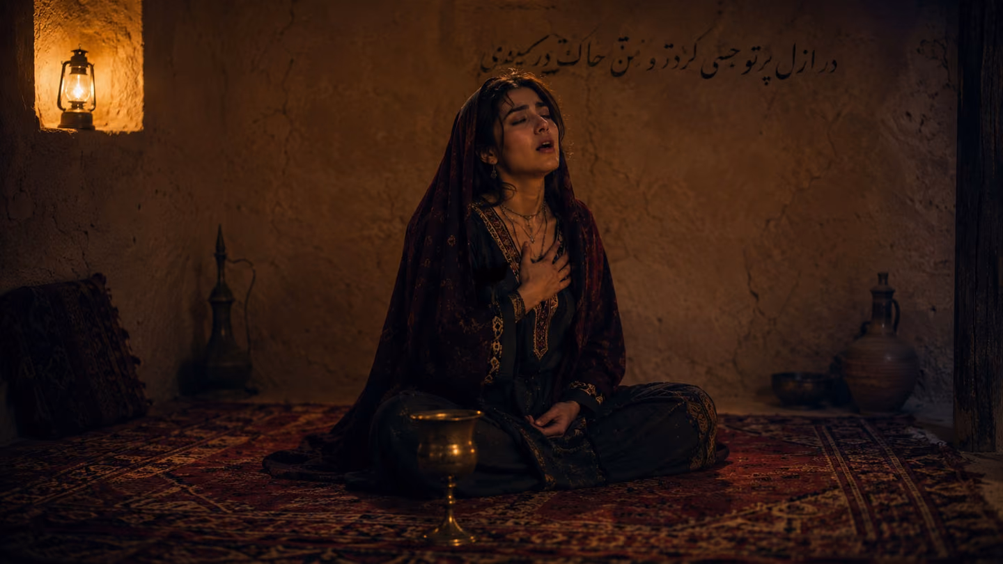 She sits alone on a low Khorasan carpet in a small mud-brick room, singing with eyes closed and one hand at her breast, mouth just open.