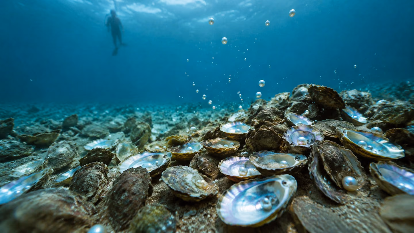 Turquoise Gulf shallows in clear winter light, the seabed paved with opened oyster shells and bright mother-of-pearl, a scatter of pearls drifting down through the water untaken.