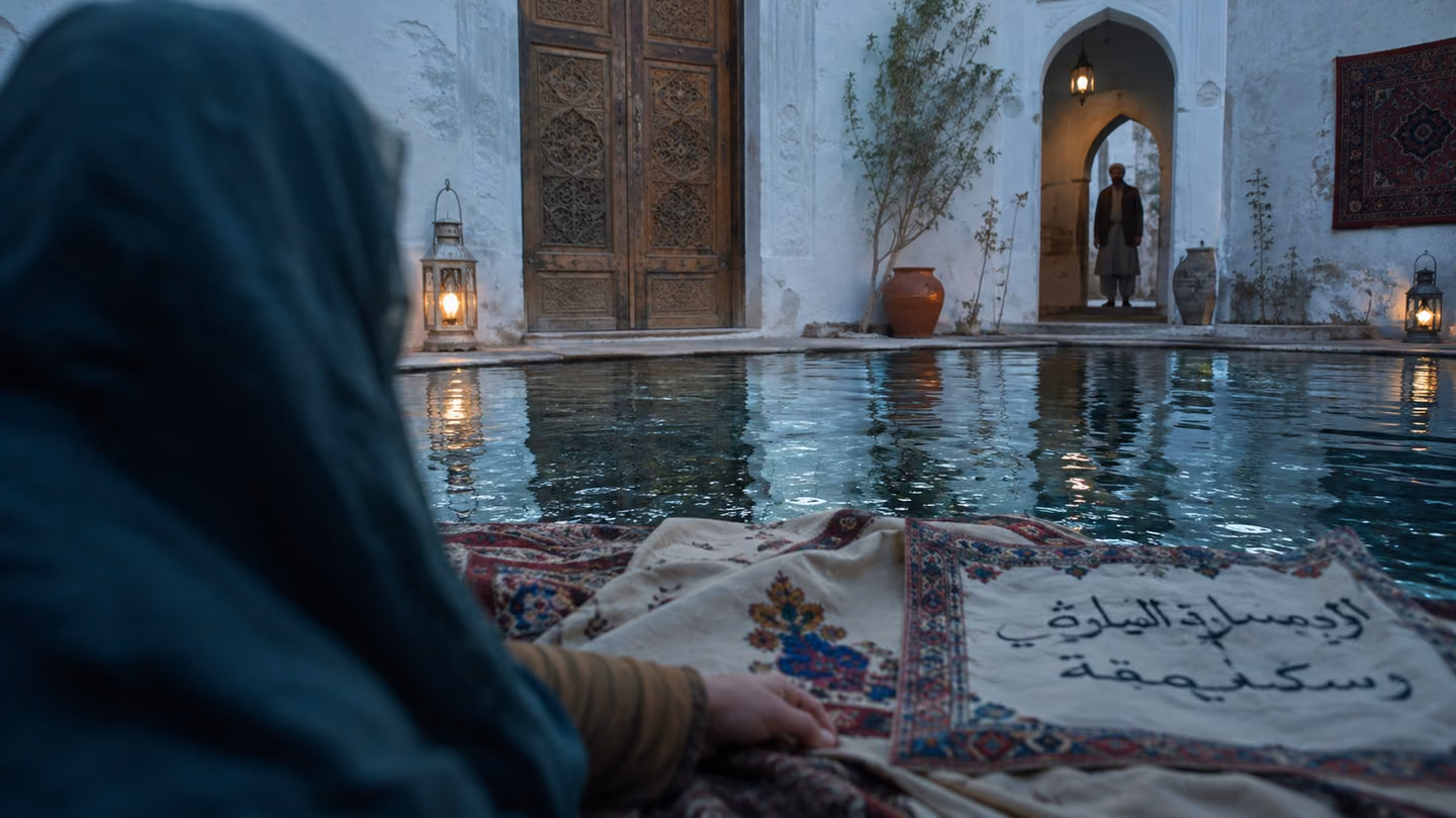 Wind combs a shallow bandari courtyard pool so its surface never settles, breaking the reflection of a carved Persian-inscribed wooden door and a folded welcome cloth laid out beside the water.