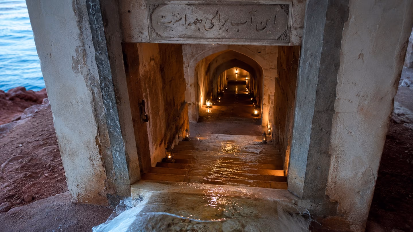 A stepped Hormuz cistern with a carved Persian inscription over its mouth, its stairs descending into warm lamplight far below, while at the threshold a thin white spill of water already runs out over the lip toward t…