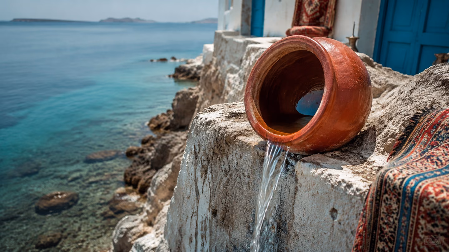 The same red earthenware jar, now unlidded and tipped on the lime-washed sill, its last water running out over the edge in a bright thread down to the turquoise shallows below, the hollow interior catching the sky.