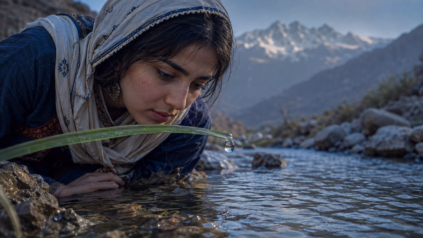 Cool blue pre-dawn light on a Zagros mountain spring; a young Kurdish woman, late twenties, in layered indigo and cream cotton dress with embroidered collar, kneels close to the water's edge, her face level with a sin…
