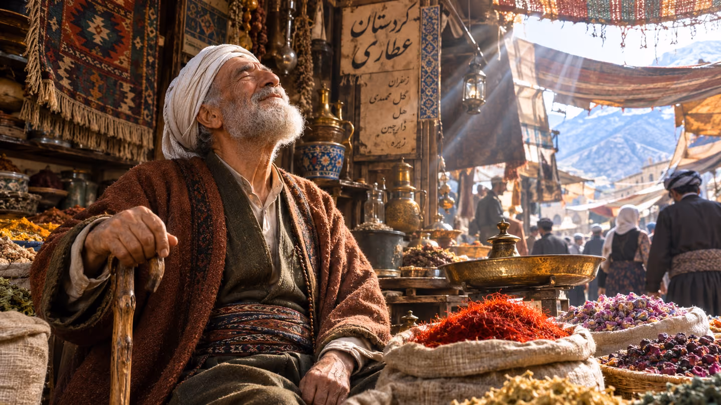 Inside a Kurdish bazaar at high morning, hard shafts of sunlight cutting through a woven-wool awning into a spice stall; an old blind merchant, seventies, white turban, layered wool robe in faded rust and olive, face…