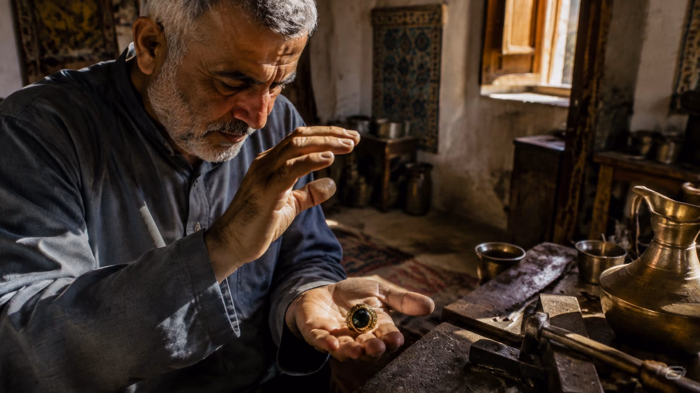 Afternoon light, warm and direct, raking across a ring-maker's low bench in a stone-floored workshop; a craftsman in his fifties, Kurdish, close-cropped grey beard, cotton work-shirt, bent over a brass ring he has jus…