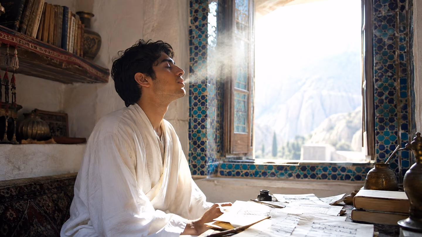 Blazing high-summer noon floods a whitewashed mountain room through a wide open window — the transcendent blaze of the film; a young scholar in his twenties, dark eyes, simple white cotton robe, sits at a low writing…