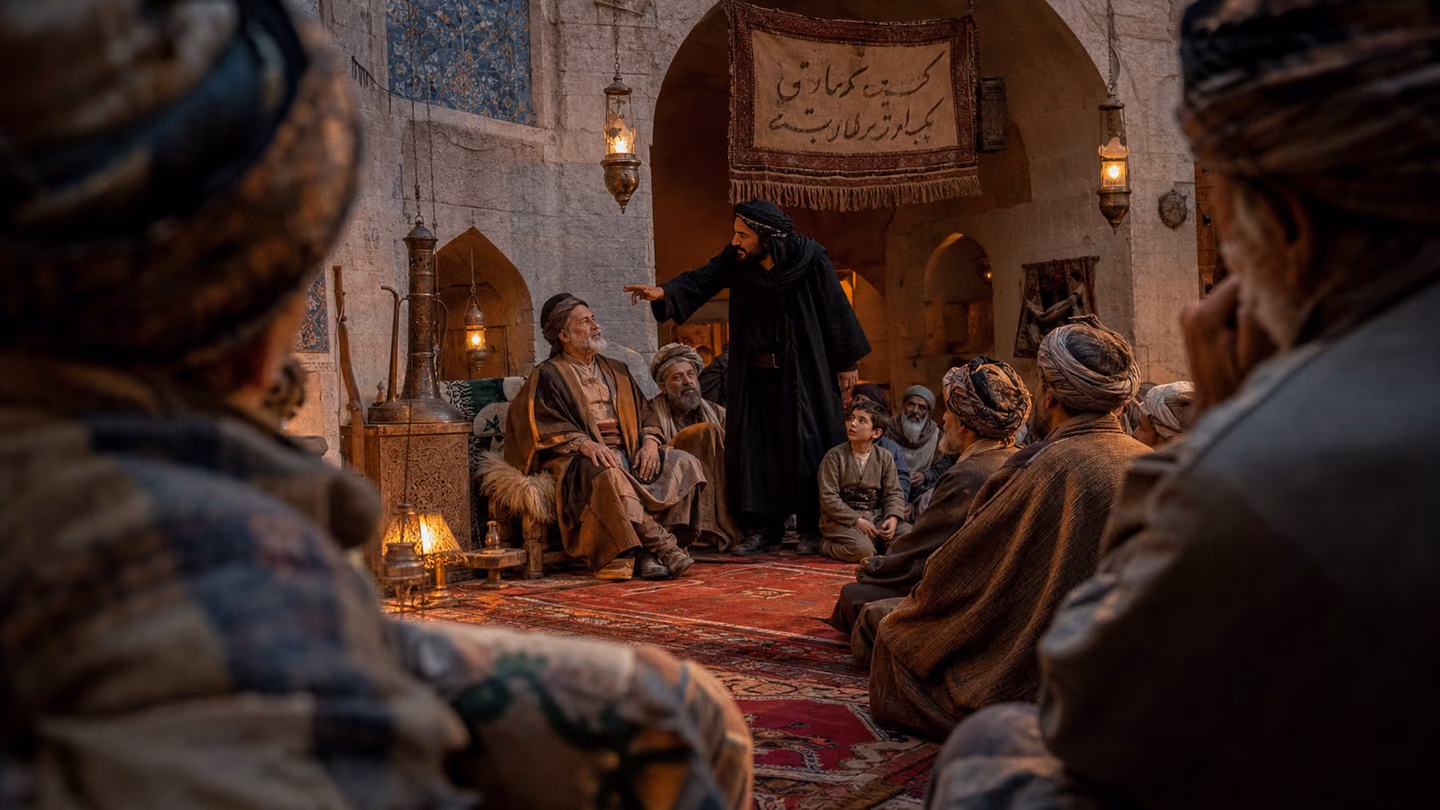 Late amber dusk inside a stone caravanserai in the Zagros foothills; a circle of travellers — mountain traders, elders, a child — sit on kilim rugs watching a storyteller enact the tale of Solomon: a dignified elder i…