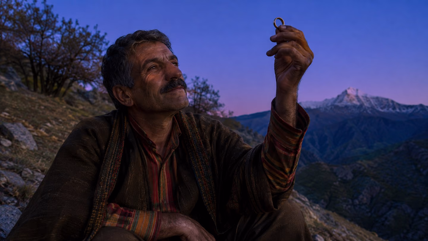 Blue-hour twilight on a Zagros hillside, the sky a deep violet-blue above dark oak slopes and one distant snow-capped peak still holding pale light; a shepherd, fifties, in a rough-woven brown cloak over a coloured Ku…