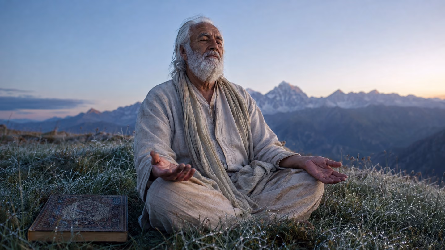 Silver pre-dawn light on a high mountain meadow, the Zagros peaks faint and luminous on the horizon; an aged poet, seventies, simple undyed linen robe, white beard, sits cross-legged in the dewy grass, face serenely o…