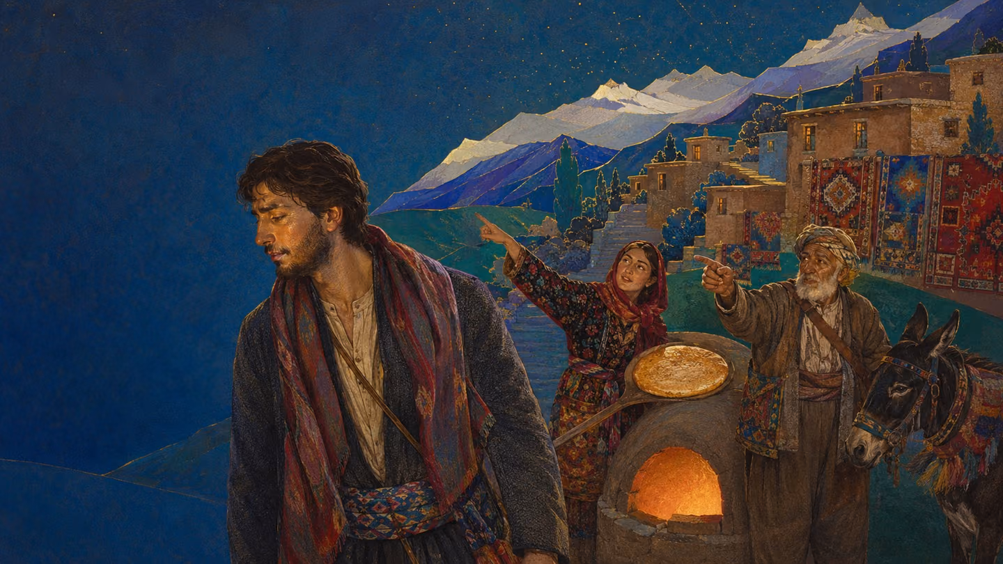 The same man moves through his waking mountain village and asks; a woman lifting flatbread from a clay oven and an old muleteer both look up and answer him kindly, pointing away up the lane — and he is already turning…