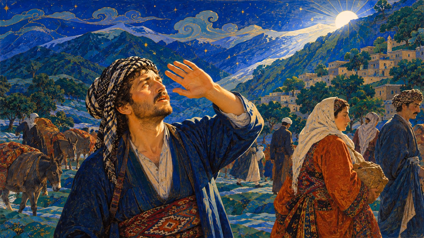 First sun crests the Zagros ridge and comes straight down the lane into his eyes; he stops mid-step and lifts a hand against it, unable to look at the thing that is showing him everything, while villagers pass through…