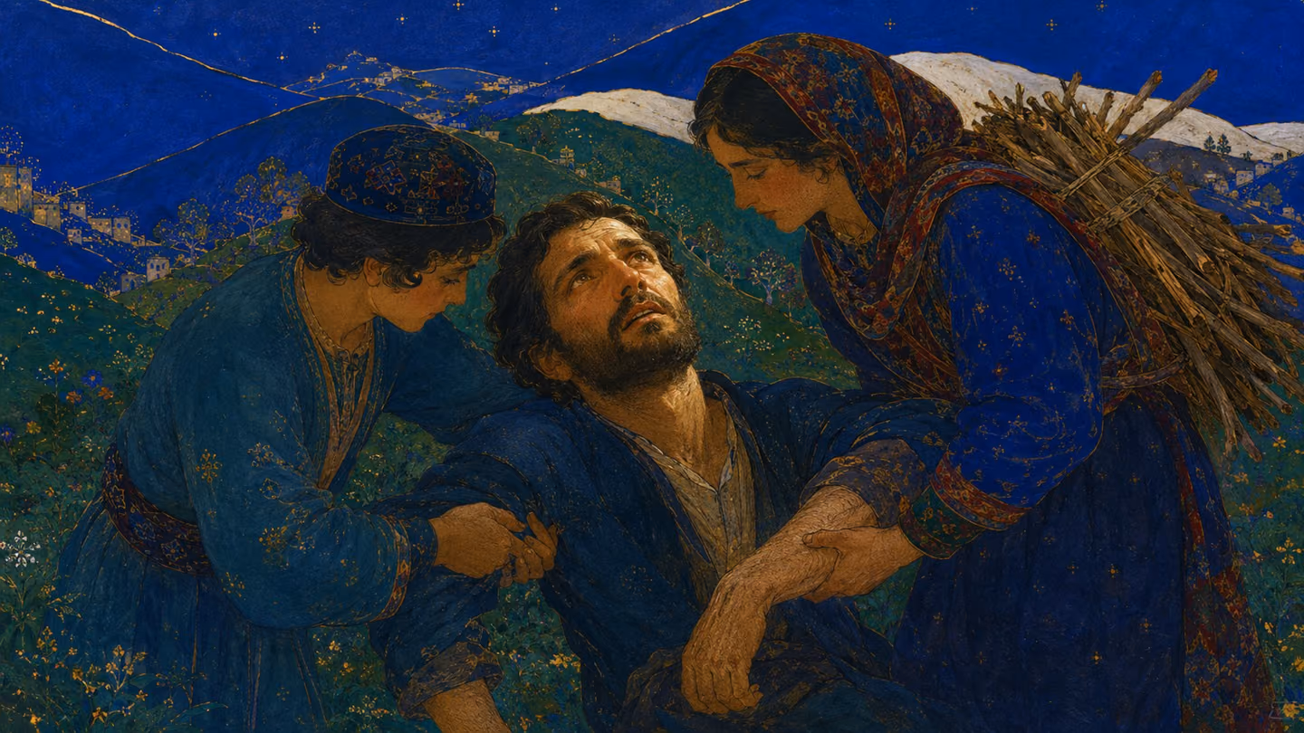 High on the oak path he has gone down in the wet spring grass and cannot rise; a shepherd boy and a woman with a bundle of brushwood are already reaching, their hands closing round his forearms, and he lets them lift…