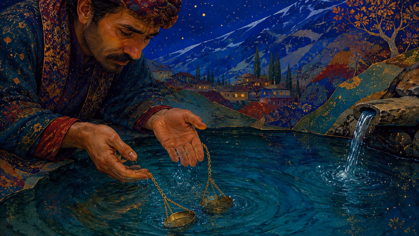At the village spring, the apothecary holds out his small brass hand-scale over the water and opens his fingers; the two little pans go under and the surface takes them.