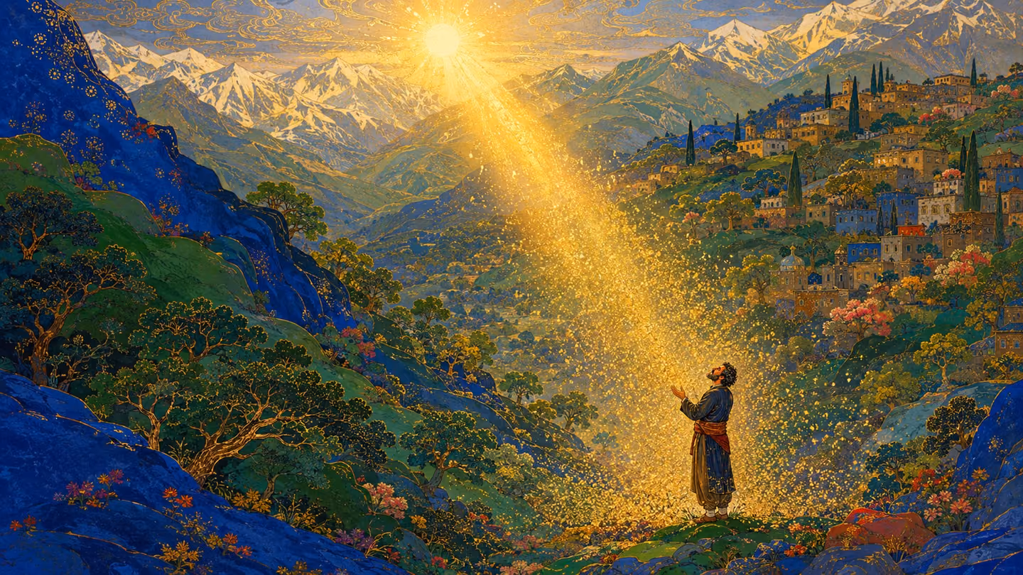 Sunrise clears the ridge and pours down the whole oak slope, and the man is a small figure inside the shaft with the valley's whole drift of pollen and light turning slowly around him; he is weeping openly, face lifte…