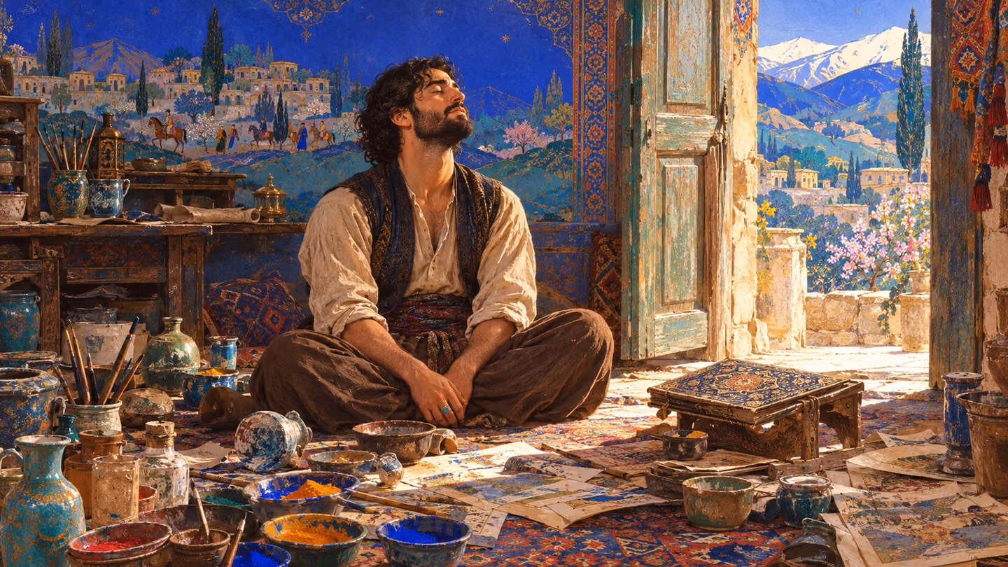 The same workroom, the same undone jars and unopened Persian ledger, nothing tidied and nothing repaired — but full morning now comes through the door he never shut and lies right across the disorder, and he has sat d…