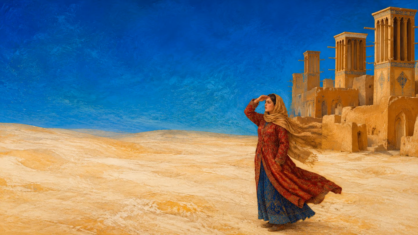 The same woman alone beyond the wind-towers, small against an ochre waste with no track in it, madder-red coat whipping, straw scarf snapping, one hand shielding her eyes while the wind smooths away the prints behind…