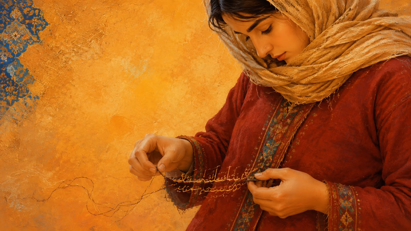 Close on her hands at the hem of the madder-red coat, pulling the last of an embroidered band of Persian letters free thread by thread while the wind carries them off; her downturned face is grave and deliberate under…