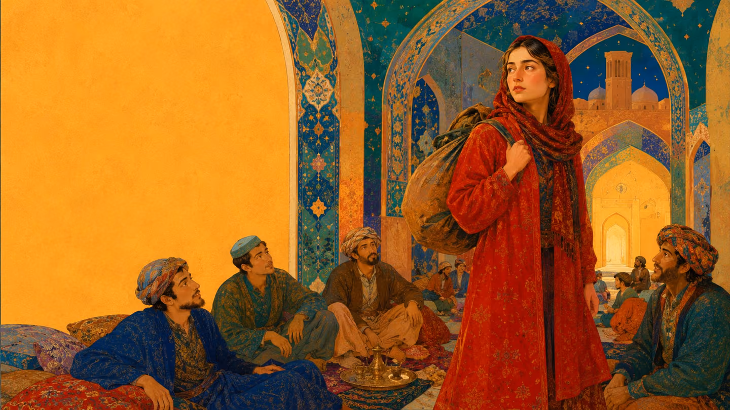 Under a Yazd caravanserai arcade, travellers rest easy on carpets around a brass tray and look up at her; the woman in the madder-red coat is upright among them, bundle shouldered, unable to sit down.