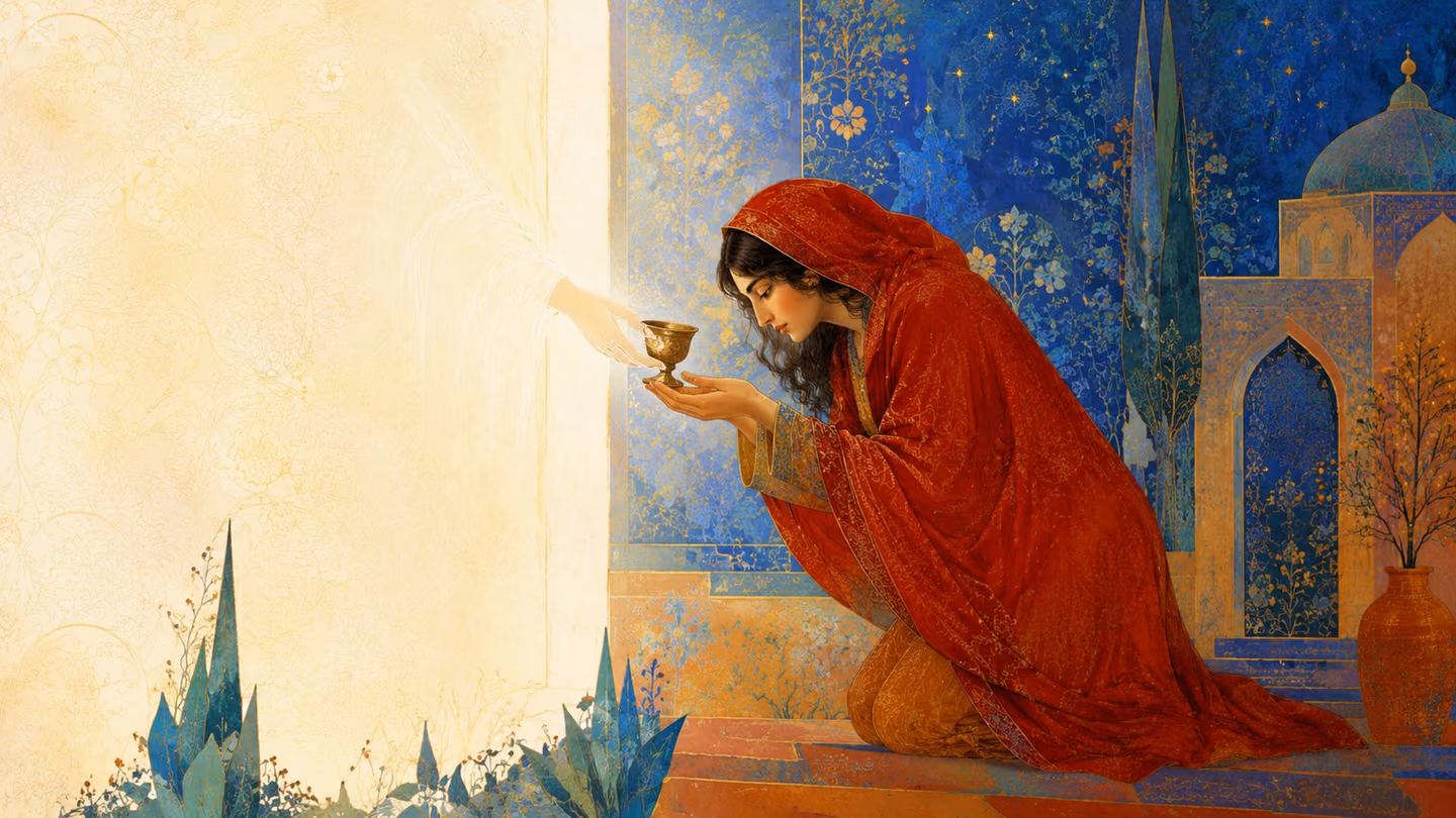 A small brass goblet offered to her from a doorway of pure white radiance — only a hand emerges, the giver unseen and unpainted.