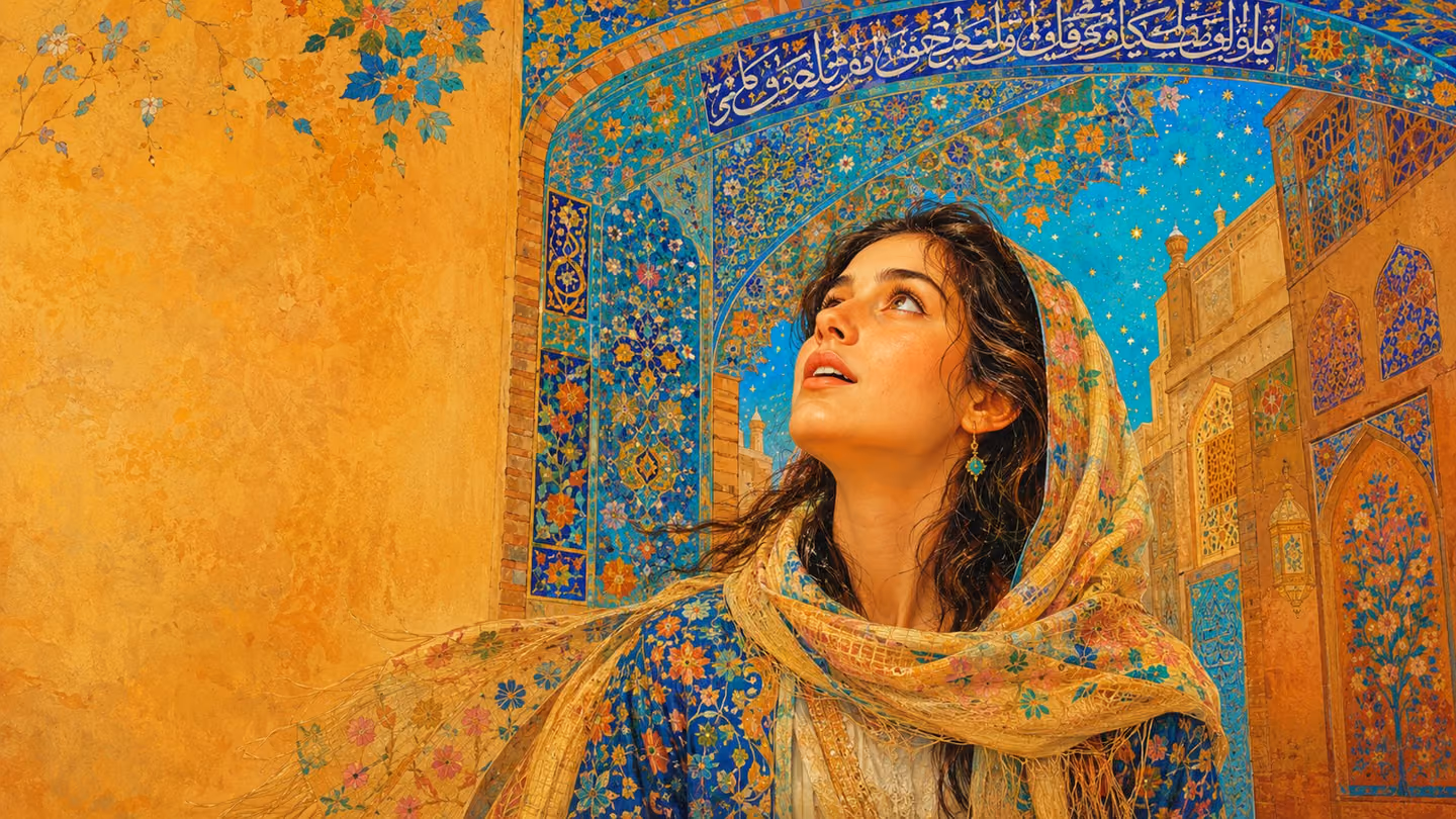 She lifts her head in a narrow Yazd alley and the world has opened into a hundredfold of colour — turquoise and cobalt tilework at full chroma, a glowing tiled Persian inscription arching above her, the straw scarf sl…