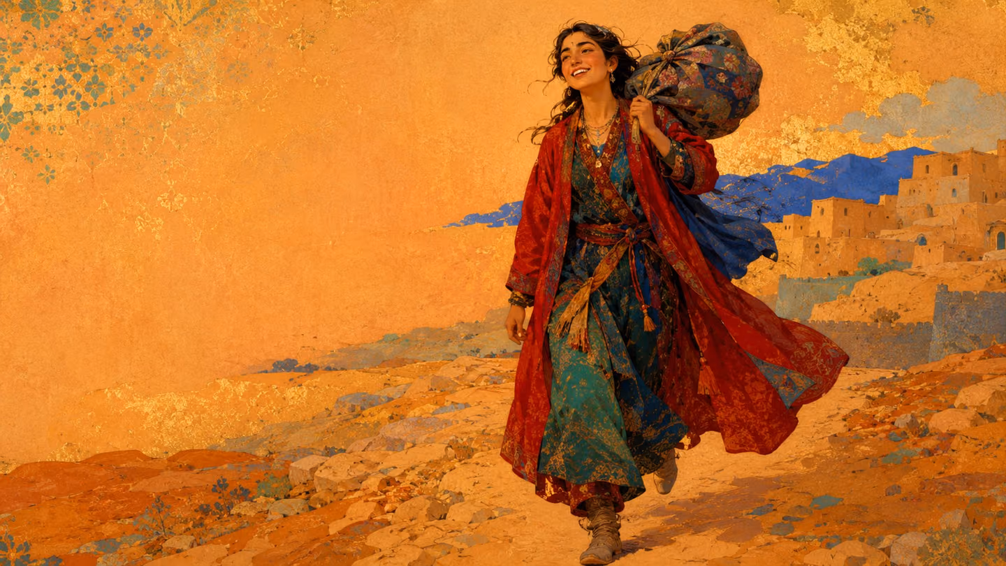 The woman walking a hard rubble track lightly, almost laughing, madder-red coat open, low copper sun behind her and the wind now at her back; the same heavy bundle rides her shoulder as if it weighed nothing at all.