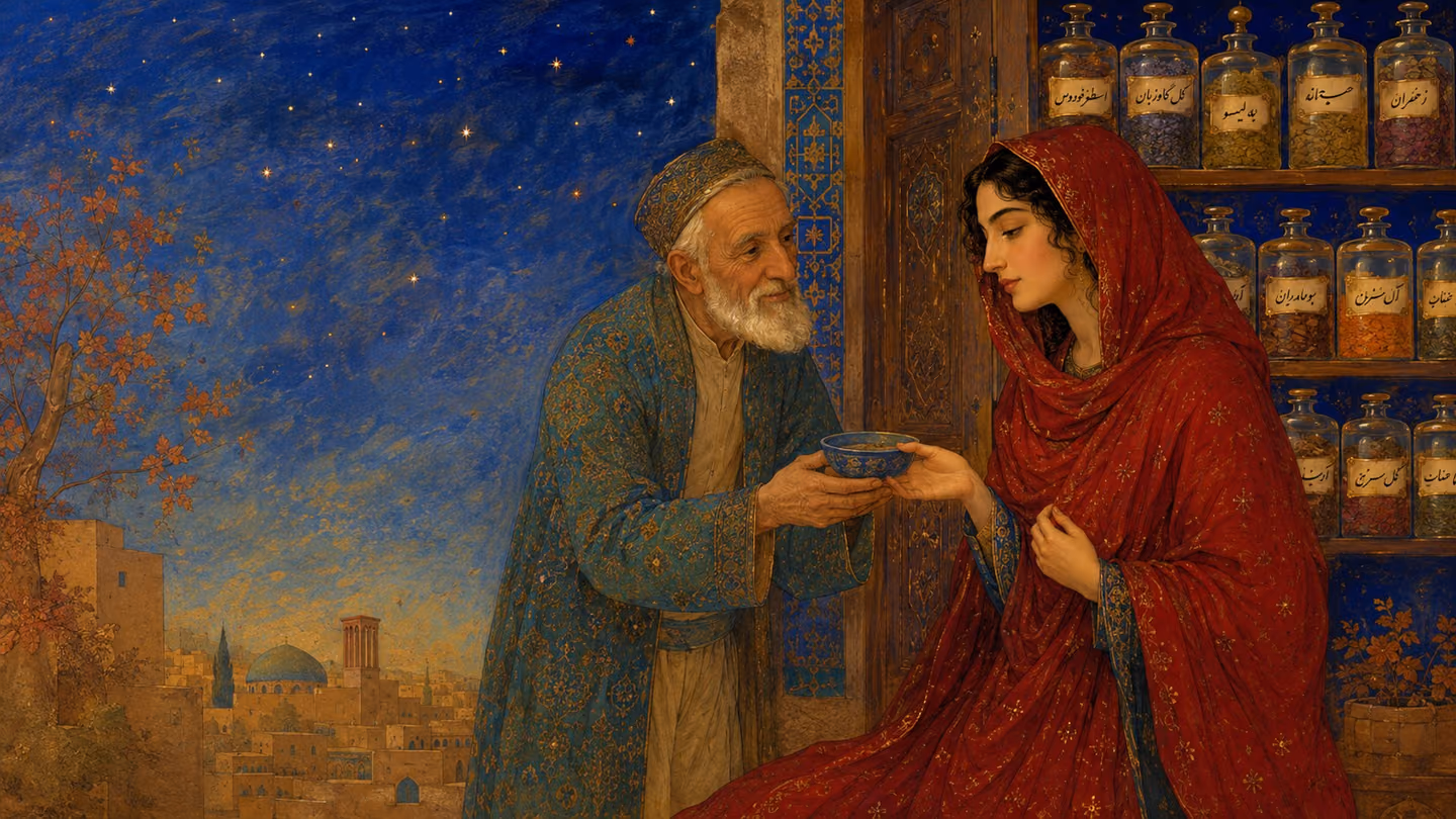 At an apothecary's low threshold in blue-hour stillness, an elderly Iranian man holds out a bowl of remedy from a shelf of Persian-labelled glass jars; the woman in the madder-red coat closes her hand gently over the…