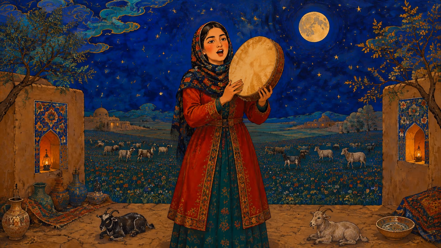 The young Khorasani woman reciter — madder-red coat, patterned wool headscarf — stands centred on a moonlit mud-brick threshing floor, her small goat-skin frame drum raised, mouth open on a call.