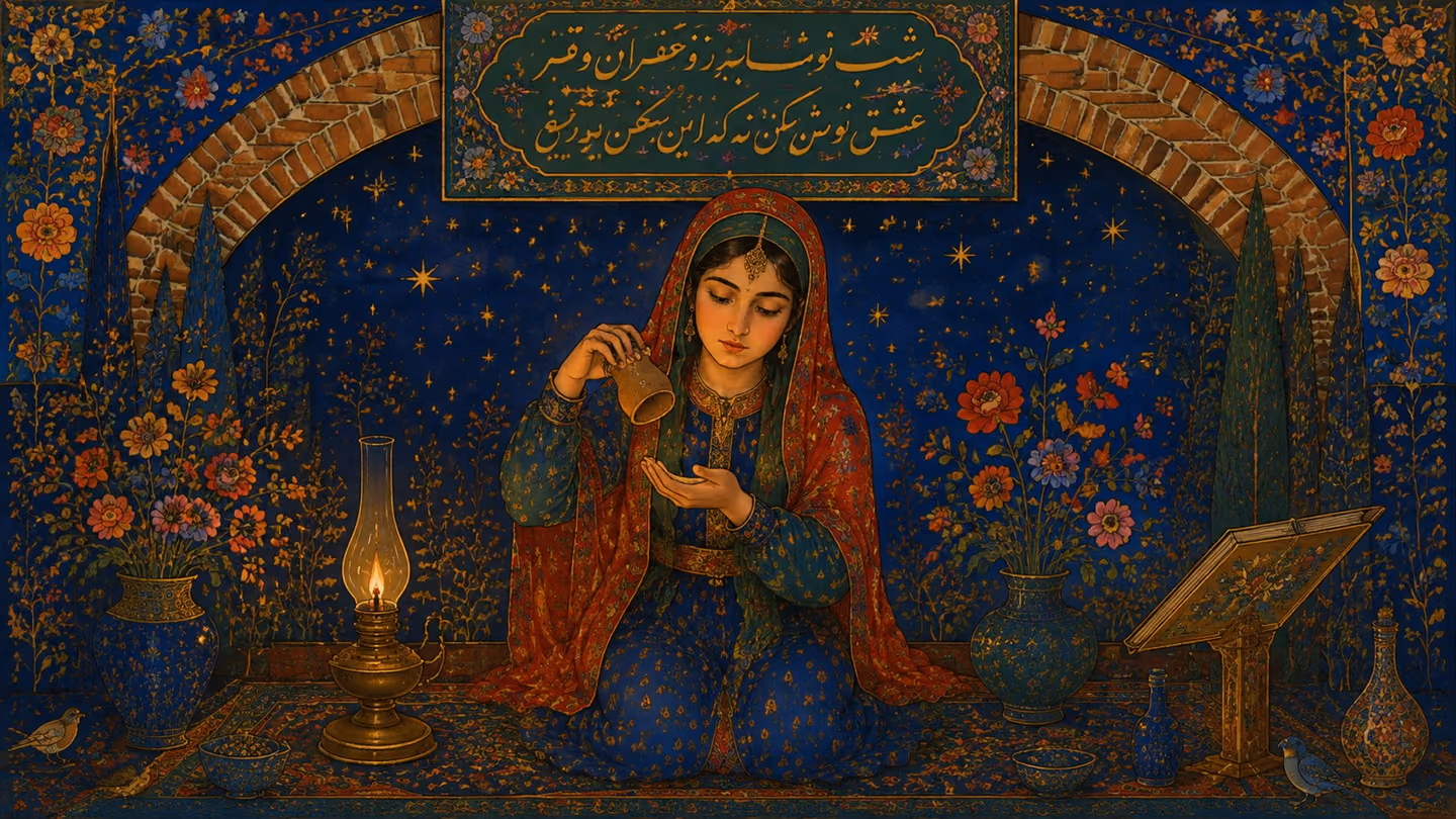 Inside a low vaulted brick chamber, a painted Persian inscription above its niche, the young Khorasani woman reciter kneels frontally, tipping a small unglazed clay cup already drained dry.