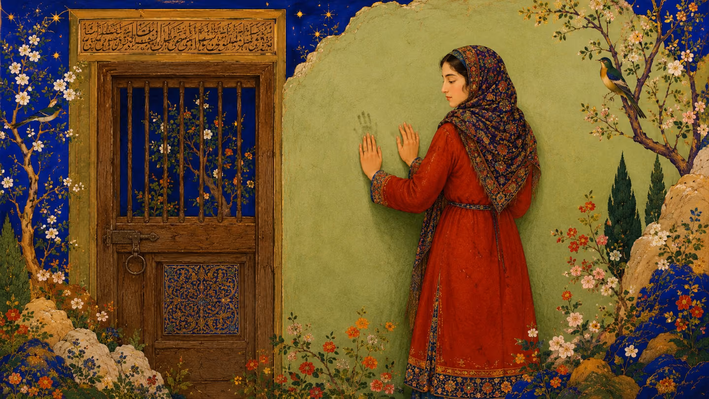 Hard clean daylight on a blank lime-plastered wall with no opening; beside it a barred wooden door carved with a line of Persian calligraphy.