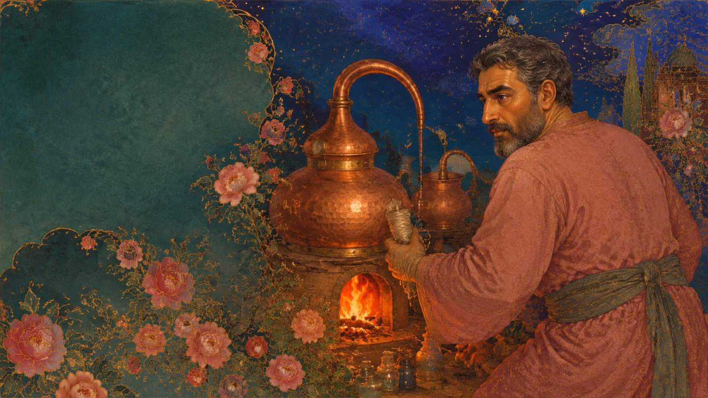 Firelight under the copper distilling pots at midnight: the same Kashan man of forty-five, grey-threaded beard, dust-rose robe, spun thread round his left hand, feeds the flame beneath a hammered still and watches the…