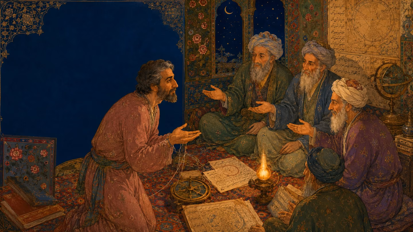 Lamplight in an upper room of Kashan astronomers, astrolabe and Persian-script charts across a wool rug: the same man of forty-five, grey-threaded beard, dust-rose robe, thread round his left hand, leans forward askin…