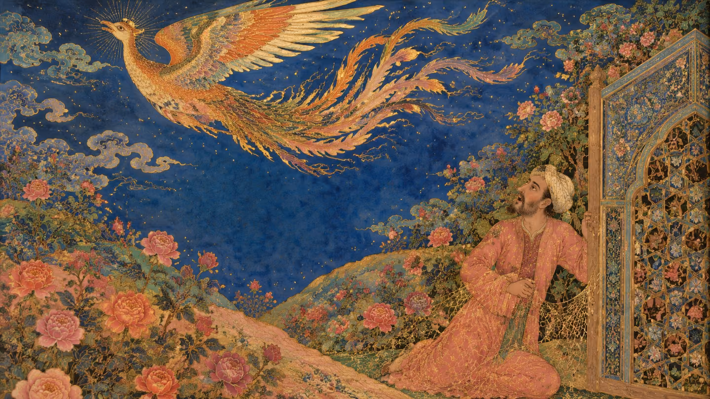 The man of forty-five on his knees at the carved garden gate, a net of his own fine thread strung across its lattice, staring upward open-mouthed as an immense radiant bird crosses the rose valley and the sky turns wh…