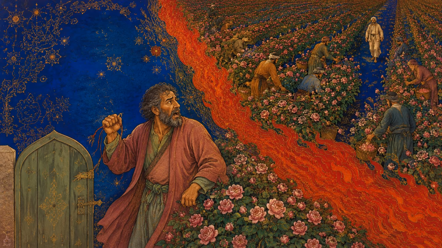 Vermilion fire unrolled in a long line across the dark rose rows like spread bedding, harvest folk scattering behind it: the man of forty-five, dust-rose robe, grey-threaded beard, stands at the shut garden gate with…