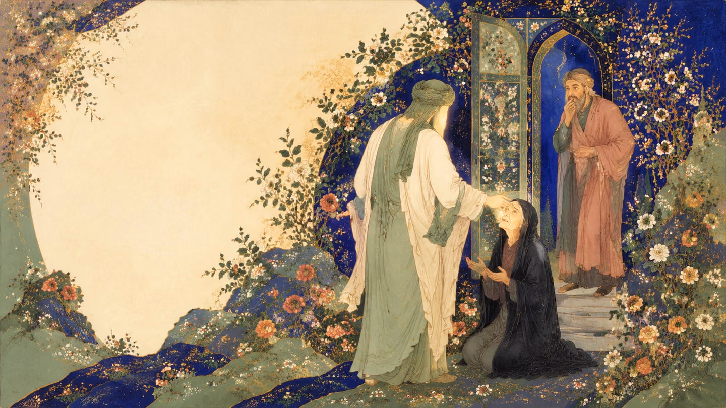 Clear white morning at the garden gate: a robed traveller seen from behind rests one hand over the eyes of a kneeling old woman in a plain dark chador, and she opens them into the light, her lined face radiant.