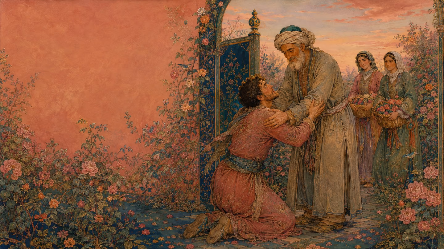 Soft dusty-rose dawn at the shut garden gate: the man of forty-five drops to his knees to beg pardon and the old gatekeeper in undyed wool catches him under both arms and raises him before one word leaves his mouth, h…