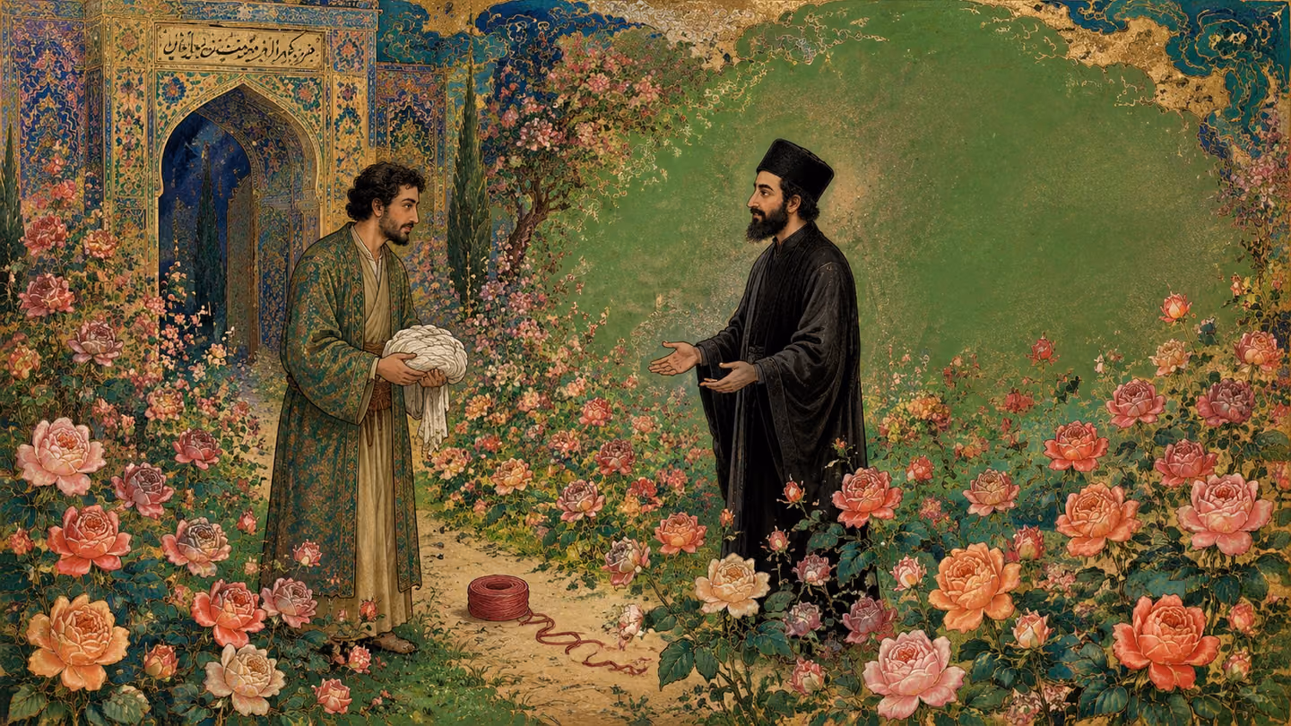 Broad green daylight within the opened rose garden, Persian inscription carved above the gate behind: the man of forty-five, turban in his hands, stands among the blooming rows facing a calm dark-eyed man in a plain b…