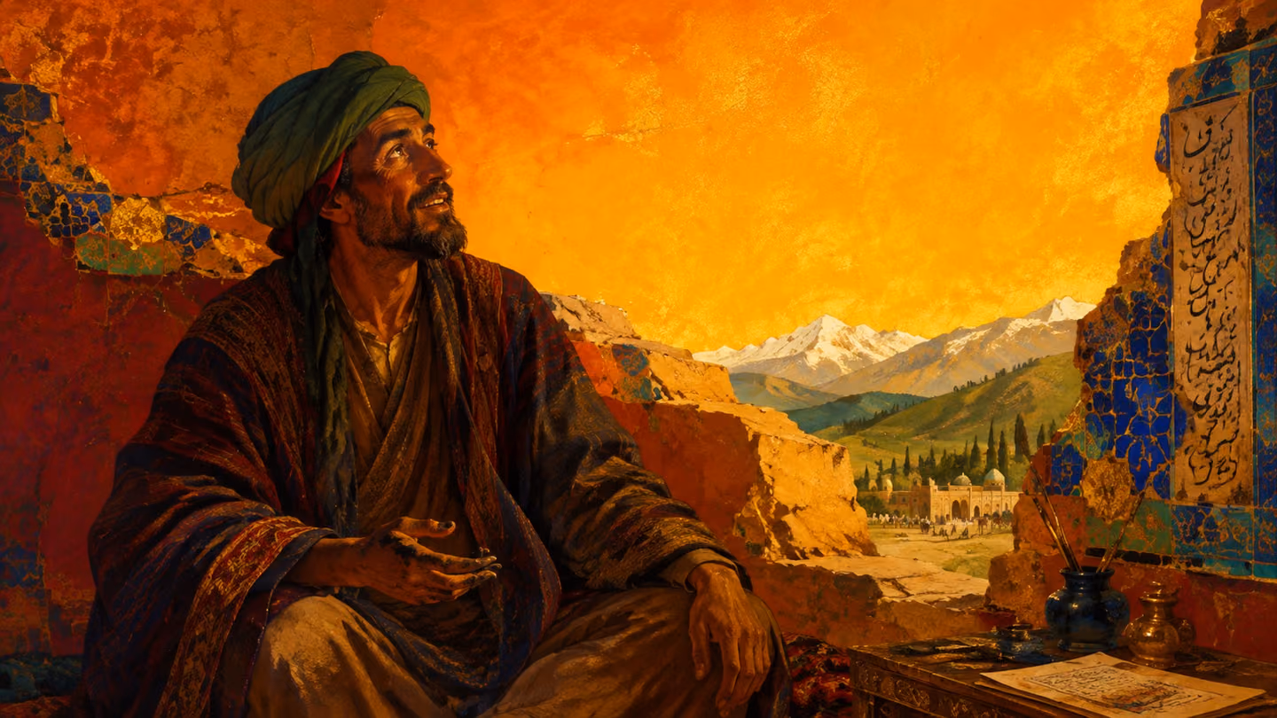 A man of about fifty — lean, weathered Zagros face, deep-set dark Persian eyes, ink-stained right hand, madder-and-indigo woven wool cloak, pine-viridian turban — seated on crumbling ochre mud-brick inside a low carav…