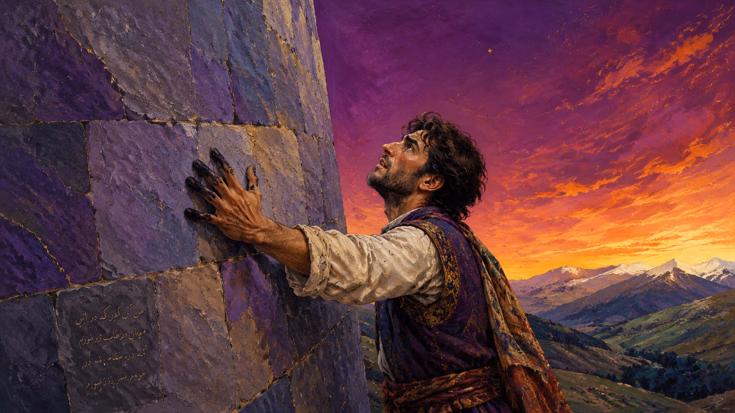 His open palm pressed flat against a tall stone wall — ancient Zagros limestone, rough and cold, painted in deep violet and slate-grey overlapping planes — fingers splayed, the ink-stains vivid against the pale stone;…